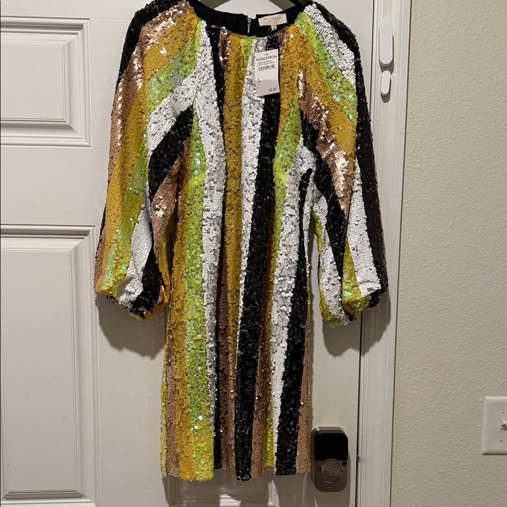 MELLODAY Sequin Mini Dress in Gold, Black, White, Lime & Brown